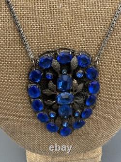 Vintage brilliant blue rhinestone pin brooch necklace amazing 19 x4