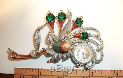 Vintage brooch art deco MASSIVE pave rhinestone figural watch pin enamel flower