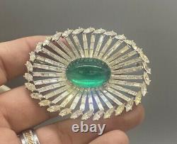 Vintage clear rhinestone green Gripoix Glass cabochon signed Trifari Pin Brooch