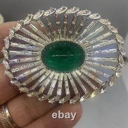 Vintage clear rhinestone green Gripoix Glass cabochon signed Trifari Pin Brooch
