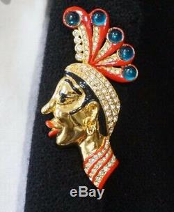 Vintage coro Craft Blackamoor Josephine Baker feather gold Turban Brooch Pin