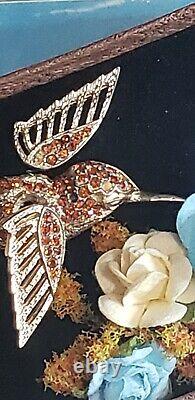Vintage coro brooch Hummingbird spring trembler wings hallow body rhinestone