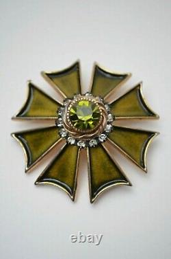 Vintage cross brooch pin olive enamel, Women & man gift unisex jewelry 1960s