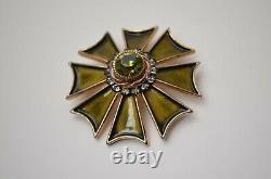 Vintage cross brooch pin olive enamel, Women & man gift unisex jewelry 1960s