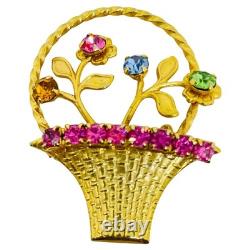Vintage gold tone flower basket rhinestones designer brooch