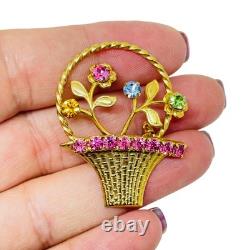 Vintage gold tone flower basket rhinestones designer brooch