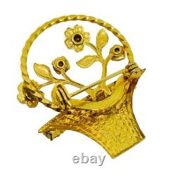 Vintage gold tone flower basket rhinestones designer brooch
