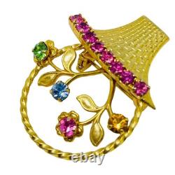 Vintage gold tone flower basket rhinestones designer brooch