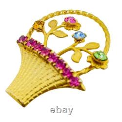 Vintage gold tone flower basket rhinestones designer brooch