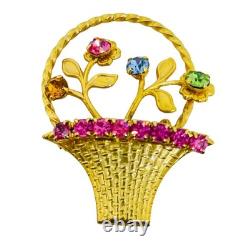 Vintage gold tone flower basket rhinestones designer brooch