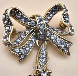Vintage gold tone rhinestones bow dangle blue glass Cabochon designer brooch