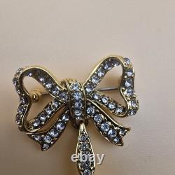 Vintage gold tone rhinestones bow dangle blue glass Cabochon designer brooch