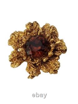 Vintage gold tone signed Benedikt NY amber rhinestone floral brooch pin