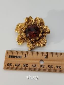 Vintage gold tone signed Benedikt NY amber rhinestone floral brooch pin