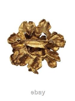 Vintage gold tone signed Benedikt NY amber rhinestone floral brooch pin
