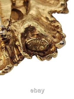 Vintage gold tone signed Benedikt NY amber rhinestone floral brooch pin