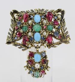 Vintage hollycraft brooch pin dangle turquoise multicolored rhinestones