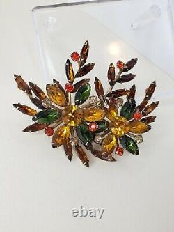 Vintage jewelry brooch rhinestone/crystal autumn colors unsigned heavy large