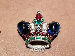 Vintage original jewel toned gold plated sterling Trifari crown pin brooch