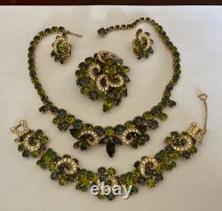 Vintage rhinestone necklace set, grand parure, earring, brooch, bracelet, WEISS