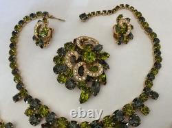 Vintage rhinestone necklace set, grand parure, earring, brooch, bracelet, WEISS