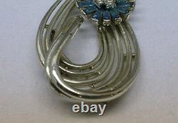 Vintage signed Coro Craft gold tone brooch light blue & clear rhinestons flower