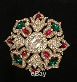 Vintage signed KENNETH JAY LANE Brooch Pin Pendant RHINESTONES Red Green Clear