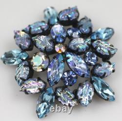 Vintage signed Regency blue shades navette molded glass rhinestone AB brooch Pin