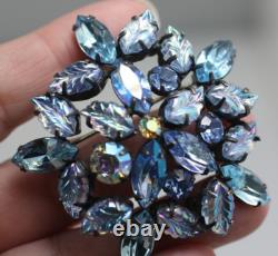 Vintage signed Regency blue shades navette molded glass rhinestone AB brooch Pin