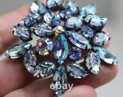 Vintage signed Regency blue shades navette molded glass rhinestone AB brooch Pin