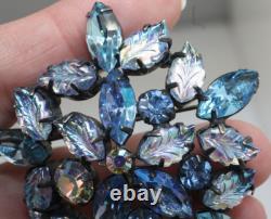 Vintage signed Regency blue shades navette molded glass rhinestone AB brooch Pin