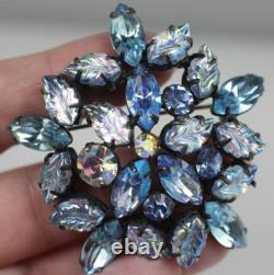 Vintage signed Regency blue shades navette molded glass rhinestone AB brooch Pin