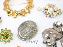 Vintage to Now Brooch Lot Figural Rhinestone Signed & Unsigned Brooches
