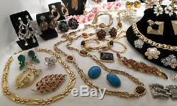 Vntg 58 Pc Lot High End Rhinestone Designer Costume Jewelry Brooches Necklaces &