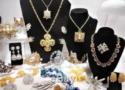 Vntg 68 Pc Lot High End Rhinestone Designer Costume Jewelry Brooches Necklaces &