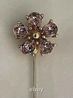 Vntg CHRISTIAN DIOR Pink, Purple Rhinestone Flower Brooch /Pin Gold Tone NWT