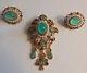 Vntg Florenza Mogul Cabochon Regal Emerald Green Rhinestone Pin Brooch Earrings