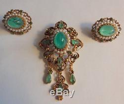 Vntg Florenza Mogul Cabochon Regal Emerald Green Rhinestone Pin Brooch Earrings