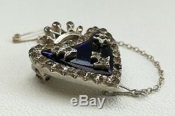 Vtg 1880s Auguste Besson French Solid Silver Paste Heart Brooch Naval Anchor Pin