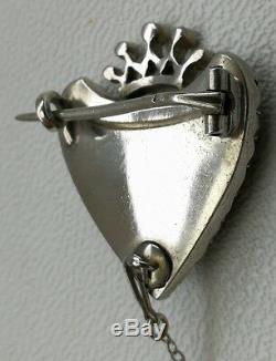 Vtg 1880s Auguste Besson French Solid Silver Paste Heart Brooch Naval Anchor Pin