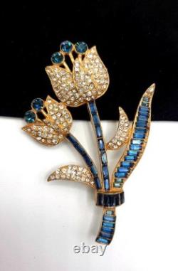 Vtg 1930s Gold-Plated Beautiful Blue & Clear Rhinestone Baguette Tulip Brooch