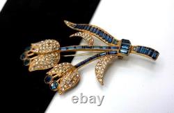Vtg 1930s Gold-Plated Beautiful Blue & Clear Rhinestone Baguette Tulip Brooch