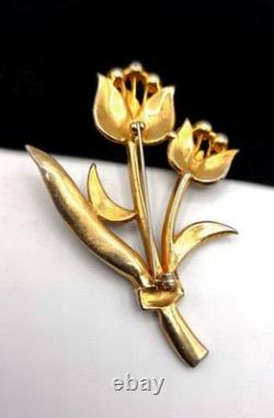 Vtg 1930s Gold-Plated Beautiful Blue & Clear Rhinestone Baguette Tulip Brooch