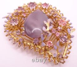 Vtg 1940s Floral Paisley Austria Brooch Lavender Pink Enamel Glass Rhinestones