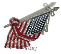 Vtg 1940s Large Rhinestone Enamel Draped American Flag Pin Brooch Patriotic Rare