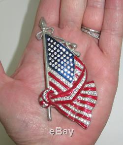 Vtg 1940s Large Rhinestone Enamel Draped American Flag Pin Brooch Patriotic Rare