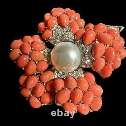 Vtg 1950s BOUCHER Coral Cabochon Rhinestone Pearl FLOWER Figural Brooch Pin