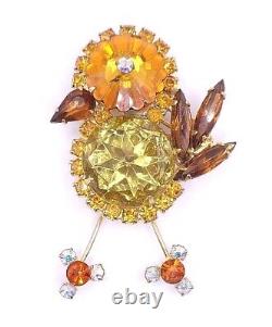 Vtg 1950s Bird Chick Brooch Pin Orange Green Brown Rhinestones Gold Tone Metal