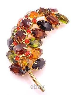 Vtg 1950s Leaf Brooch Pin Autumn Fall Colors Glass Rhinestones Gold Tone Metal