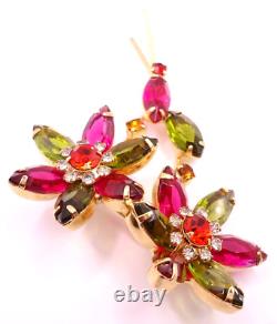 Vtg 1950s Retro Flower Brooch Pin Pink Green Glass Rhinestones Gold Tone Metal